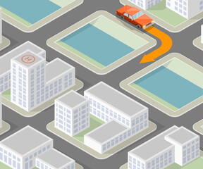 Wall Mural - Isometric city map navigation, point markers background, app isometry drawing schema, 3D simple city plan GPS navigation, final destination arrow paper city map. Route delivery check point graphic