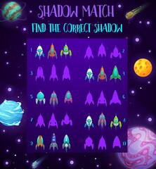 Wall Mural - Galaxy spaceships kids maze game, space vector riddle with rockets silhouettes. Cartoon shadow match worksheet maze with starships. Find suitable shuttle shade children logic education task boardgame