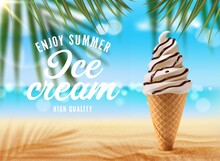 Vanilla Ice Cream Cone On Palm Beach. Vector Ad Poster With Realistic 3d Icecream In Waffle Cup With Chocolate Topping Stuck In Sand With Palm Tree Branch Shadow On Blurred Seascape Summer Background
