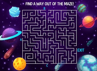 Wall Mural - Space labyrinth maze, cartoon galaxy. Kids vector boardgame with planets and meteors in deep cosmos. Board game with path in space with three entrance and one exit. Riddle with cosmic fantasy world