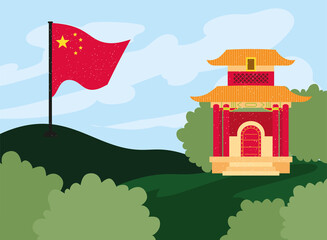 Poster - chinese temple and flag