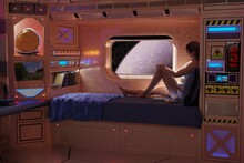 3D Illustration Of Spaceship With Woman And Book. 3D Render