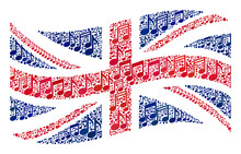 Mosaic Waving Great Britain Flag Constructed Of Musical Symbols. Vector Musical Collage Waving Great Britain Flag Designed For Concert Illustrations.