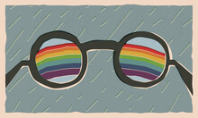 Optimist, Positive Thinking, Changing Reality. Rainy Weather Outside, But A Rainbow Is Visible Through Round Eyeglasses.