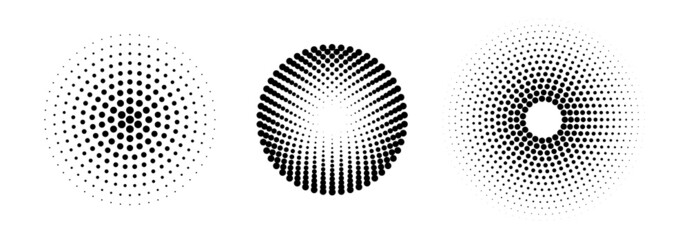 Set of black and white halftone radial patterns. Dotty vector circles.