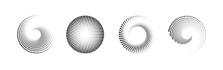Wall Mural - Set of black and white halftone radial patterns. Dotty vector circles and swirls.