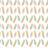Cute seamless pattern in boho style. Colorful feathers background. Tribal feather cartoon illustration. Indian ethnic ornament. Cute scandinavian kids print.