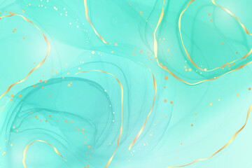 pastel cyan mint liquid marble watercolor background with gold lines and brush stains. teal turquois