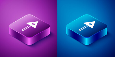 Sticker - Isometric High voltage sign icon isolated on blue and purple background. Danger symbol. Arrow in triangle. Warning icon. Square button. Vector