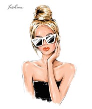 Fashion Blond Hair Girl In Sunglasses. Beautiful Woman Face. Fashion Woman With Hair Bun. Fashion Illustration.