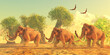 Columbian Mammoth Day - A Columbian Mammoth herd walks among trees in the Pleistocene Period of North America.