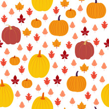 Autumn Symbols.Vector Seamless Pattern In Flat Design.  Orange, Red And Yellow Pumpkins With Colorful Falling Leaves On White Background