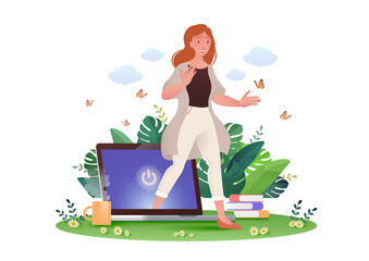 Woman walking out from computer screen retreating from internet addiction, digital detox concept Vector illustration.