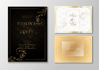 Sticker -  Golden wedding invitation card template. Black, white and gold background elegant with floral design