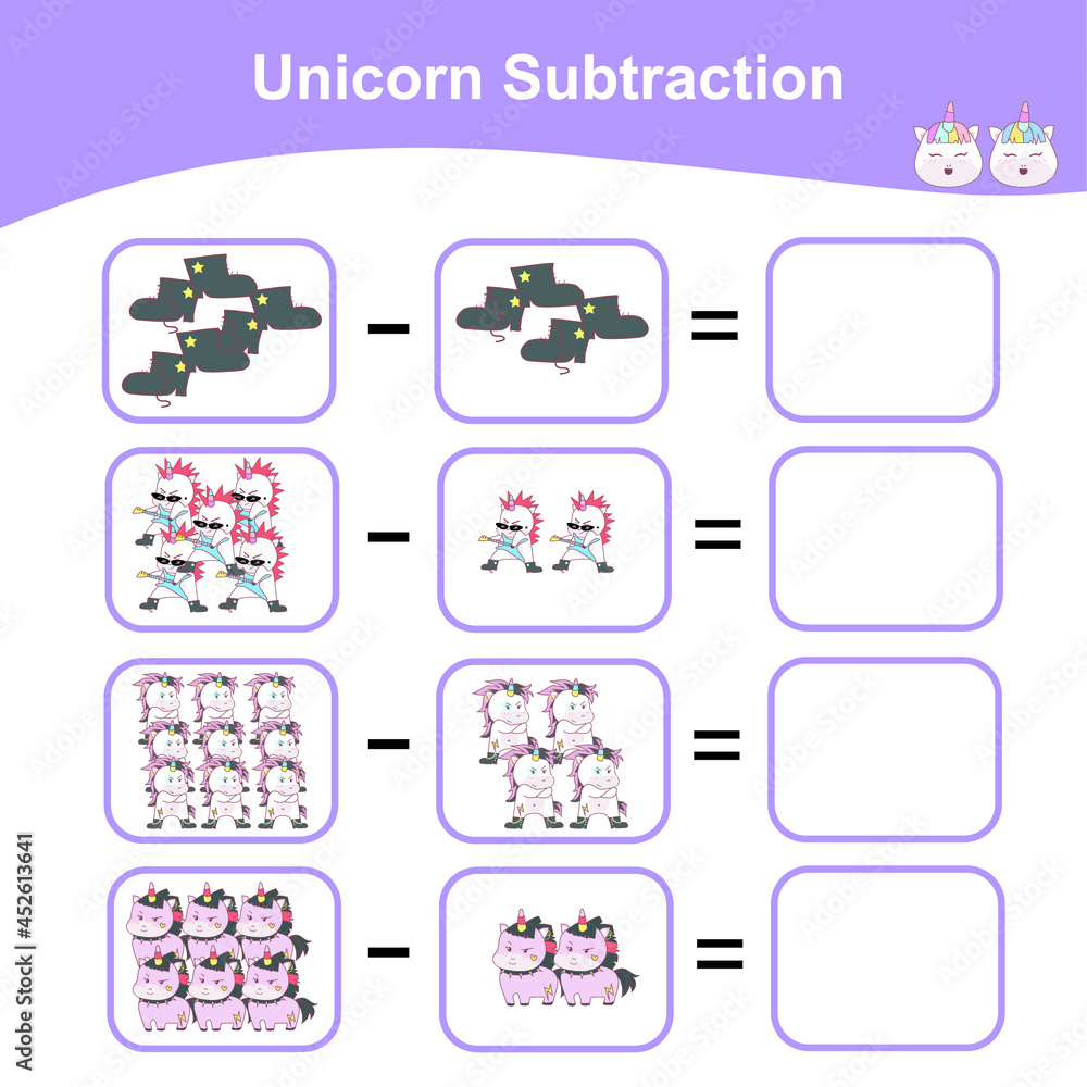 Vector de Stock Unicorn Subtraction Math Game for Preschool. Counting ...