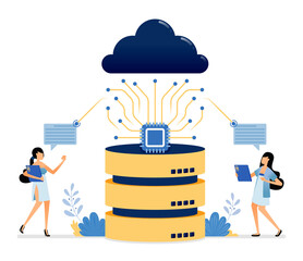 Wall Mural - Illustration of cloud system connected to a microchip on a hardware database for easy communication. Vector design can be use for website, web, poster, banner, flyer, mobile apps, social media