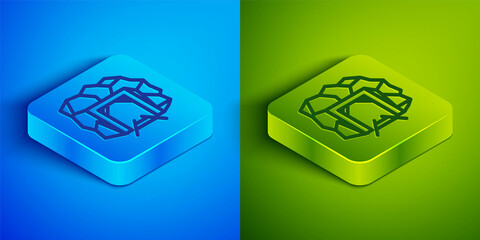 Isometric line Mine entrance icon isolated on blue and green background. Square button. Vector