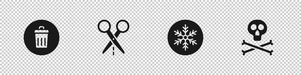 Poster - Set Trash can, Scissors with cut line, Snowflake and Bones and skull warning icon. Vector