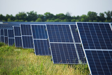 Solar cell station in the field. Natural energy 