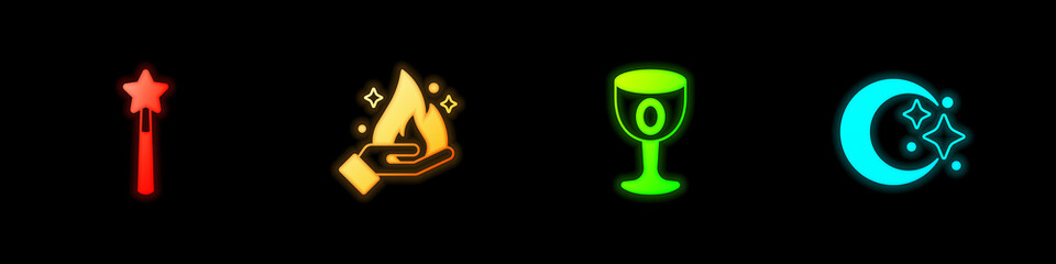 Set Magic wand, Hand holding fire, Medieval goblet and Moon stars icon. Vector