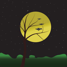 Landscape At Night, Nocturnal Bats, Full Moon, Vector Illustration
