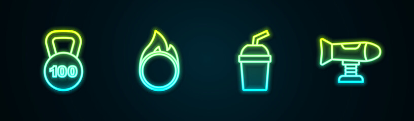 Sticker - Set line Weight, Circus fire hoop, Paper glass with water and Swing plane. Glowing neon icon. Vector