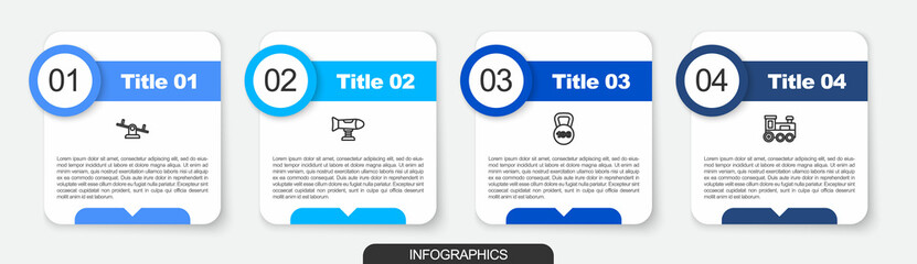 Sticker - Set line Seesaw, Swing plane, Weight and Toy train. Business infographic template. Vector