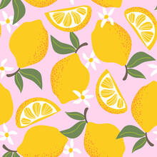 Tropical Seamless Pattern With Yellow Lemons Isolated On Pink Background. Design For Textile, Wrapping Paper, Wallpaper.