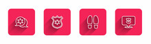 Set Line Hexagram Sheriff, Police Badge, Footsteps And With Long Shadow. Red Square Button. Vector