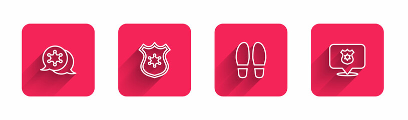 Sticker - Set line Hexagram sheriff, Police badge, Footsteps and with long shadow. Red square button. Vector