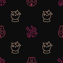Set Line Skull, Magic Ball And Old Magic Key On Seamless Pattern. Vector