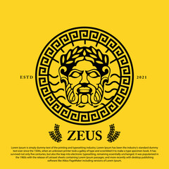 Zeus logo design. Zeus head on circle ornament with wave and sunbeam background for stamp, emblem, logo and others