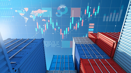 Wall Mural - Container cargo for import export business and digital stock market chart , 3d rendering