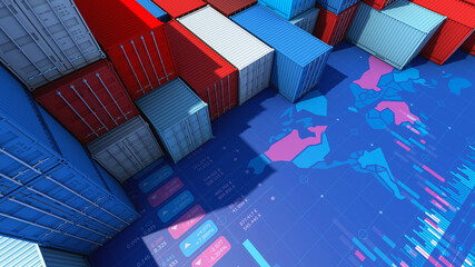 Wall Mural - Container cargo for import export business with digital world map, 3d rendering