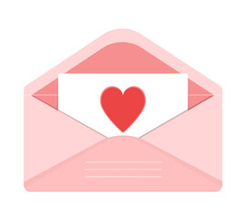 Open pink envelope with a love note with heart. Valentines day greeting card. Vector illustration isolated on white background. Cute love letter mail.