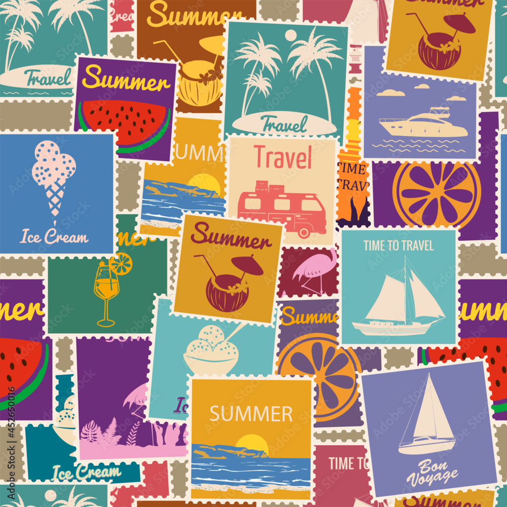 Tour Pattern Background Postage stamps seamless pattern Summer vacation. Retro background signs ...