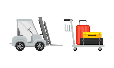 Canvas Print - Airport airfield vehicles set. Luggage cart and forklift vector illustration