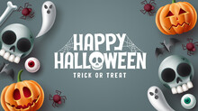 Happy Halloween Text Vector Design. Halloween Trick Or Treat In Gray Space Background With Scary, Spooky, Creepy And Cute Mascot Characters. Vector Illustration.