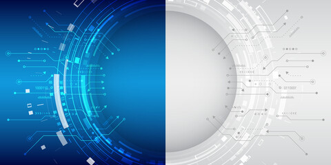 Cyber security internet and networking concept. Abstract futuristic background divided into two parts in blue and gray colors. Hi-tech vector illustration with various technology elements.