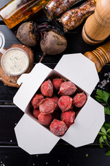 Canvas Print - Tasty beetroot ravioli stuffed with baked beets and meat. Colored dumplings