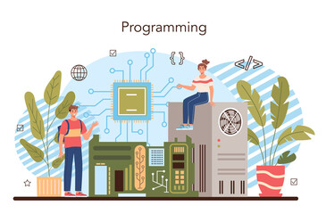 IT education concept. Student write software and create code