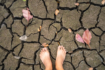 Poster - Top view of feet on cracked dry ground with fallen autumn leaves