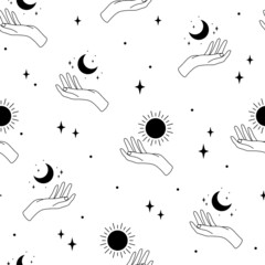 Wall Mural - Seamless pattern with hands, moon and sun. Hand drawn vector illustration. Black and white background.