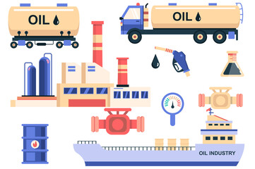 Poster - Oil industry isolated elements set. Bundle of oil tanker, storage and transportation in ship, refueling, production plant, barrel and other. Creator kit for vector illustration in flat cartoon design
