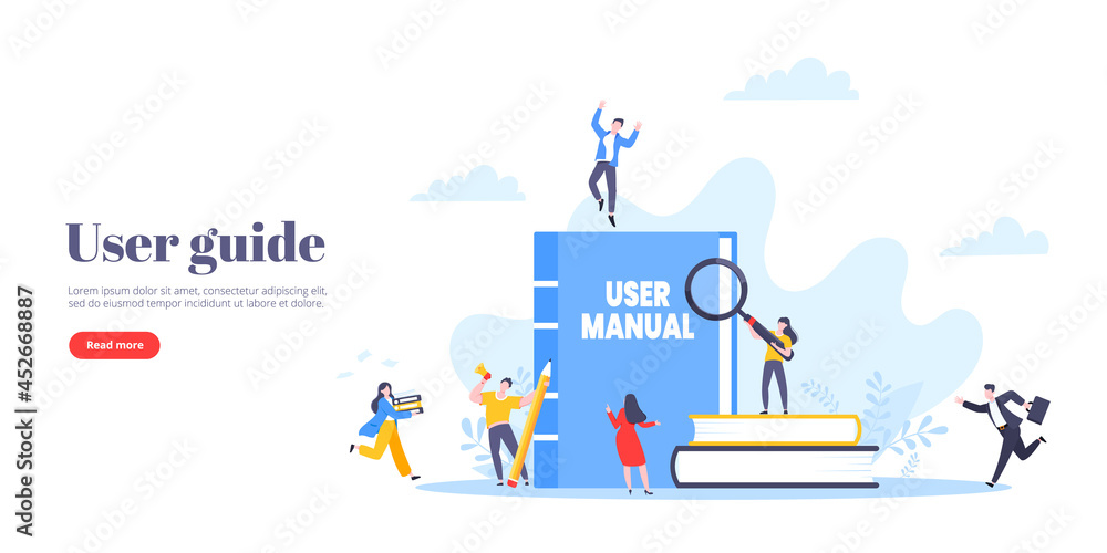 Manager User Guide Graphice User manual guide book flat style design vector illustration. Tiny ...
