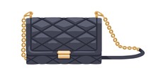 Classic Quilted Black Flap Bag With Gold Chain. Women Fashion Clutch. Small Leather Elegant Purse. Modern Rectangular Evening Handbag. Flat Vector Illustration Isolated On White Background