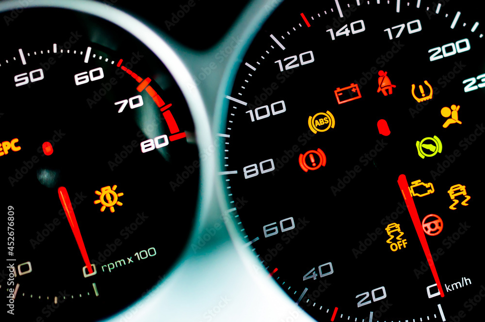 Check Engine Speedometer Car dashboard. Checking the system when starting the engine. A close-up ...