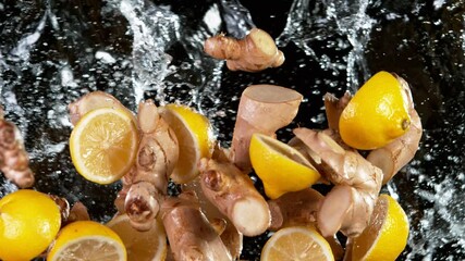 Poster - Super slow motion of fresh ginger roots with lemons flying in the air. Filmed on high speed cinema camera, 1000 fps.