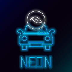 Sticker - Glowing neon line Eco car concept drive with leaf icon isolated on black background. Green energy car symbol. Colorful outline concept. Vector