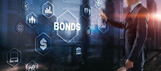 Wall Mural - Businessman clicks a bonds virtual screen. Bond Finance Banking Technology concept. Trade Market Network